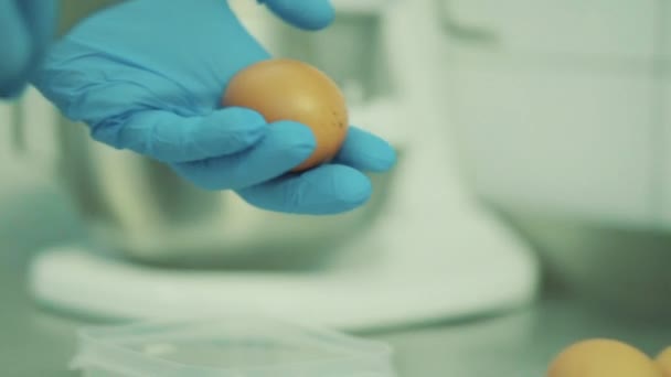 Cook breaks eggs and separates yolk — Stock Video