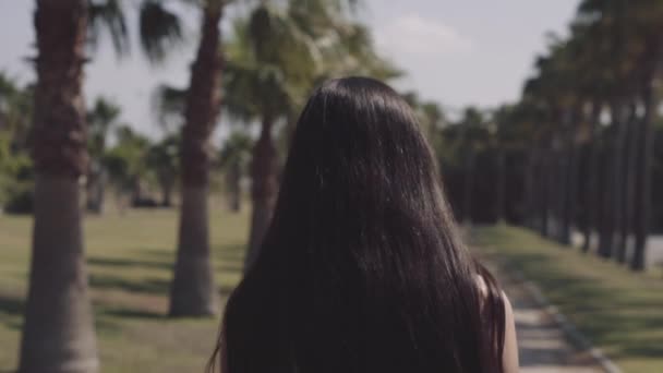 Güzel kız bir palmiye ağacı gezer — Stok video