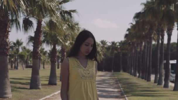 Gyönyörű lány sétál egy pálmafa — Stock videók