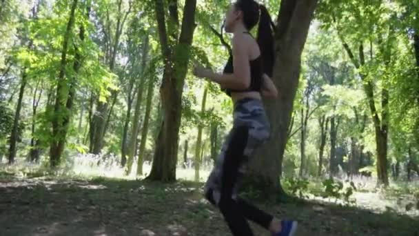 Chica en una carrera de la mañana en el bosque — Vídeo de stock