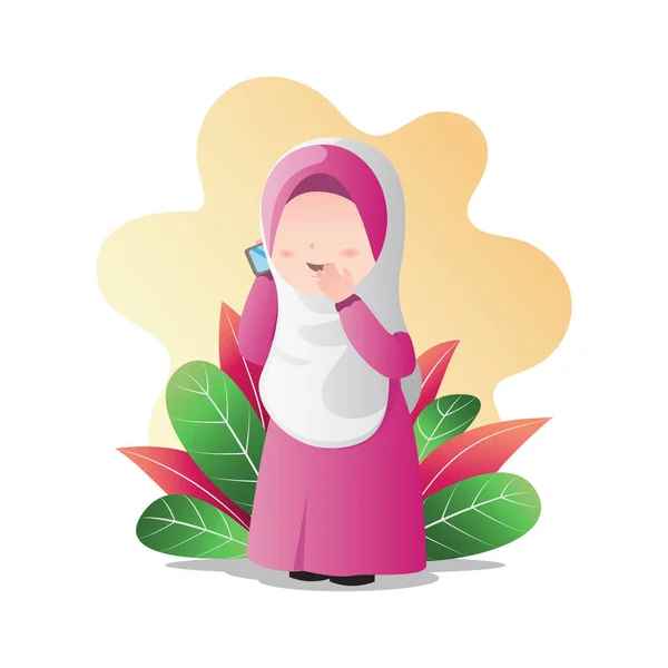携帯電話を手にヒジャーブを身に着けているイスラム教徒の女の子 呼び出しと漫画のキャラクターベクトルデザイン — ストックベクタ
