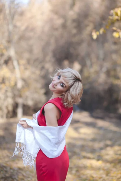 Portrait Belle Fille Blonde Dans Forêt Automne — Photo