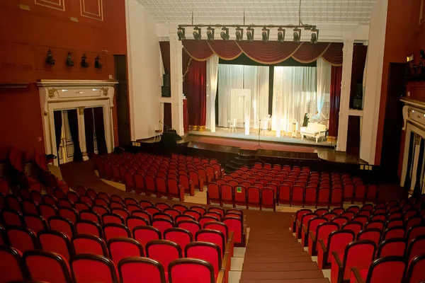 Year of theater in Russia. Scene. Theatrical scenery. Performance.Drama theatre hall. Angle lens.