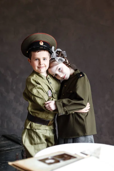 Niños Uniformados Soldados Los Defensores Patria Tema Militar Uniforme Militar — Foto de Stock