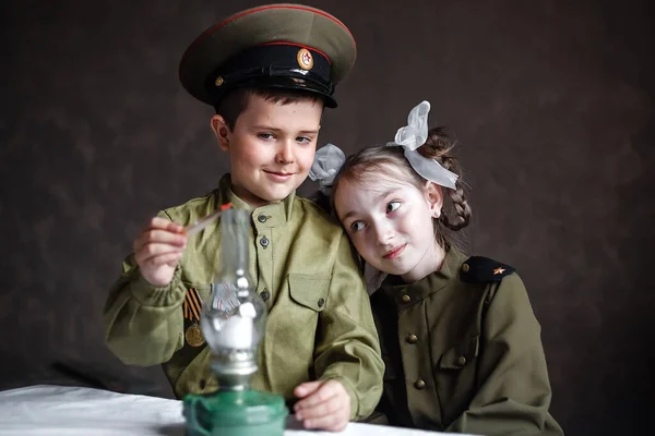 Bambini Uniforme Soldati Difensori Della Patria Tema Militare Uniforme Militare — Foto Stock
