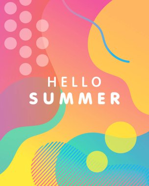 Benzersiz sanatsal tasarım kartı - parlak gradyan arka planı, şekil ve geometrik öğeleri memphis tarzı ile Merhaba yaz. Parlak afiş, el ilanı, afiş, davetiye, özel indirim ve daha fazla baskı için mükemmel.