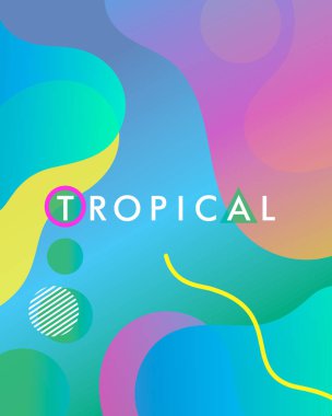 Benzersiz sanatsal tasarım kartı - tropikal parlak gradyan arka planı, şekiller ve memphis tarzı geometrik öğelerle birlikte. Parlak yaz afiş, el ilanı, afiş, davetiye, özel indirim ve daha fazla baskı için mükemmel.