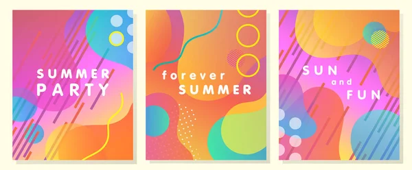 Tarjetas Verano Artísticas Únicas Con Fondo Gradiente Brillante Formas Elementos — Vector de stock