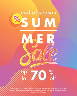 Yaz satışı büyük başlığı. Benzersiz tasarım kartı degrade arka plan, şekiller ve memphis tarzı geometrik öğelerle birlikte. Satılık sezon kart, el ilanları, afişler, promosyon, özel indirim ve daha fazla baskı için mükemmel.