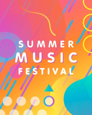 Benzersiz sanatsal tasarım kartı - yaz müzik festivali degrade arka plan, şekiller ve memphis tarzı geometrik öğelerle birlikte. Parlak afiş, el ilanı, afiş, davetiye ve daha fazla baskı için mükemmel.
