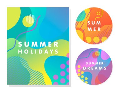 Benzersiz sanatsal yaz kartları parlak gradyan arka planı, şekil ve geometrik öğeleri memphis tarzı ile. Soyut Tasarım kartları, el ilanı, afiş, davetiye, özel indirim ve daha fazla baskı için mükemmel.