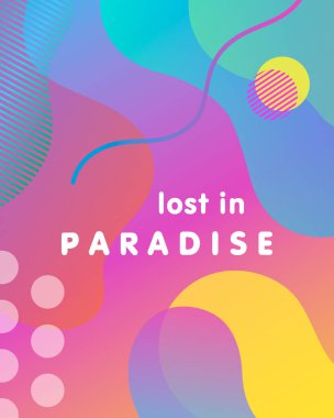 Benzersiz sanatsal tasarım kartı - degrade arka plan, şekiller ve memphis tarzı geometrik öğelerle birlikte cennette kaybetti. Parlak yaz afiş, el ilanı, afiş, davetiye, özel indirim ve daha fazla baskı için mükemmel.