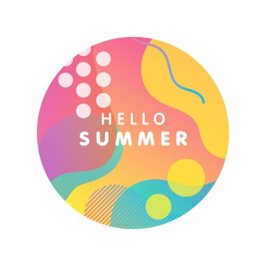 Benzersiz sanatsal tasarım kartı - parlak gradyan arka planı, şekil ve geometrik öğeleri memphis tarzı ile Merhaba yaz. Parlak afiş, el ilanı, afiş, davetiye, özel indirim ve daha fazla baskı için mükemmel.