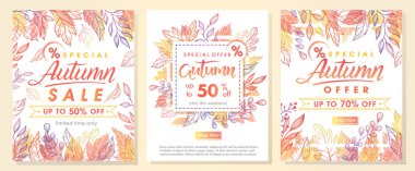 Sonbahar yaprakları ve sonbahar renkleri çiçek öğelerle birlikte sonbahar özel fırsat afiş. Satılık sezon kart, el ilanları, afişler, promosyon, özel indirim ve daha fazla baskı için mükemmel. Vektör sonbahar promosyon.