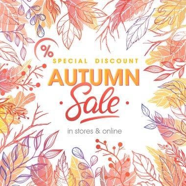 Sonbahar yaprakları ve sonbahar renkleri çiçek öğelerle birlikte sonbahar özel fırsat afiş. Satılık sezon kart, el ilanları, afişler, promosyon, özel indirim ve daha fazla baskı için mükemmel. Vektör sonbahar promosyon.