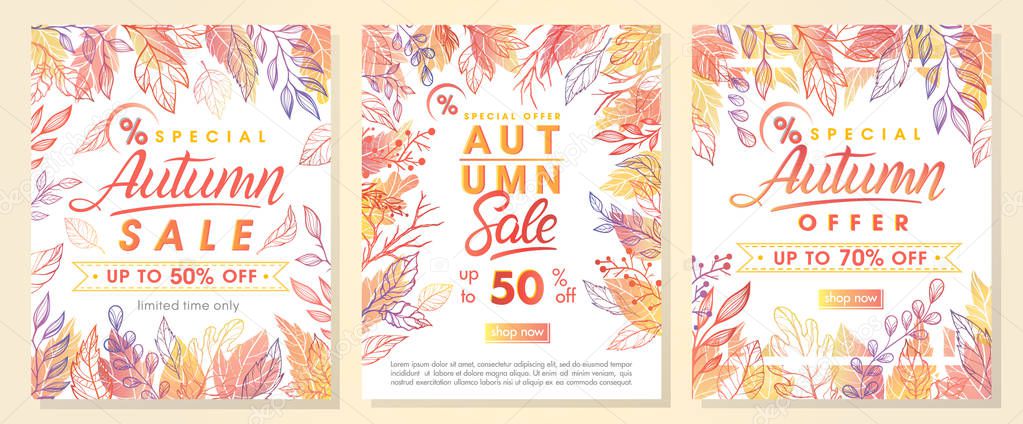Autumn special offer banners with autumn leaves and floral elements in fall colors.Sale season card perfect for prints, flyers,banners, promotion,special offer and more. Vector autumn promotion