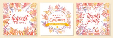 Sonbahar seasonals postes sonbahar yaprakları ve sonbahar renkleri çiçek öğelerle birlikte. Sonbahar tebrik kartları, el ilanı, afiş, davetiye, promosyonlar ve daha fazla baskı için mükemmel. Sonbahar vektör çizim