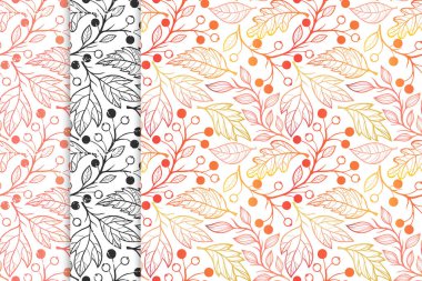 Sonbahar desenlerle topluluğu yaprak, meyve ve çiçek öğeleri sonbahar renkleri. Dikişsiz desen, el ilanları, kartpostallar, kumaş, ambalaj kağıdı ve daha fazla baskı için mükemmel. Vektör sonbahar arka planlar.