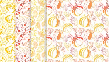 Sonbahar yaprakları, berriess, kabak, desenlerle topluluğu sonbahar renkleri içinde mantar. Dikişsiz desen, el ilanları, kartpostallar, kumaş, ambalaj kağıdı ve daha fazla baskı için mükemmel. Vektör sonbahar arka planlar.