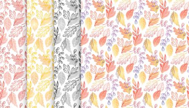 Sonbahar desenlerle topluluğu yaprak, meyve ve çiçek öğeleri sonbahar renkleri. Dikişsiz desen, el ilanları, kartpostallar, kumaş, ambalaj kağıdı ve daha fazla baskı için mükemmel. Vektör sonbahar arka planlar.