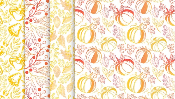 Collection of autumn patterns with leaves,berriess,pumpkins,mushrooms in fall colors.Seamless patterns perfect for prints, flyers,postcards,fabric,wrapping paper and more.Vector autumn backgrounds.