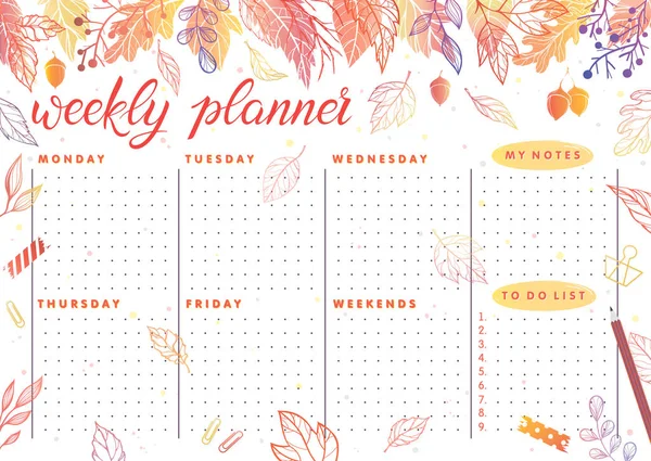 Trendy Weekly Planner Autumn Leaves Floral Elements Fall Colors Perfect — Stock Vector