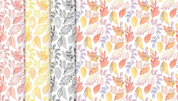 Collectie Herfst Patronen Met Bladeren Bessen Bloemen Elementen Vallen Kleuren — Stockvector