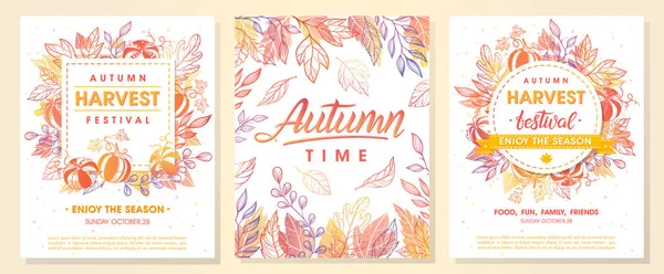 Φθινόπωρο Seasonals Postes Φθινοπωρινά Φύλλα Και Floral Στοιχεία Χρώματα Πτώση — Διανυσματικό Αρχείο