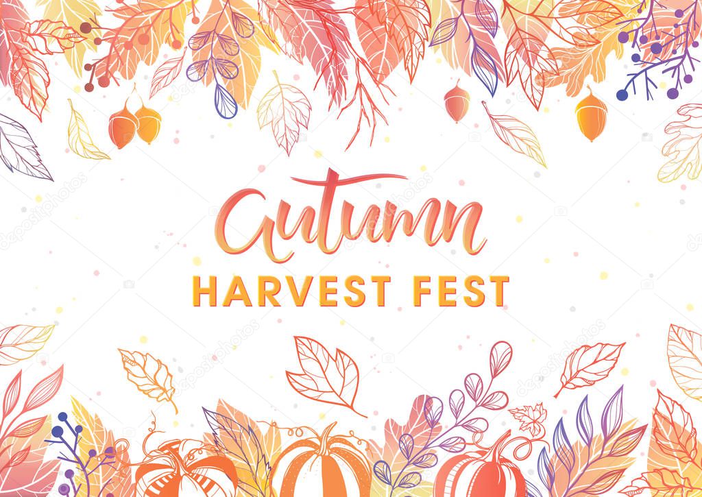Autumn harvest festival poster with harvest symbols, leaves and floral elements in fall colors.Harvest fest design perfect for prints, flyers,banners,invitations and more.Vector autumn illustration.