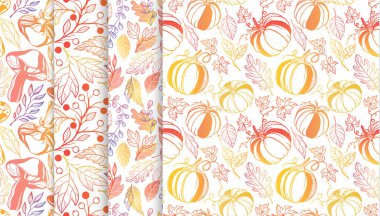 Sonbahar yaprakları, berriess, kabak, desenlerle topluluğu sonbahar renkleri içinde mantar. Dikişsiz desen, el ilanları, kartpostallar, kumaş, ambalaj kağıdı ve daha fazla baskı için mükemmel. Vektör sonbahar arka planlar.