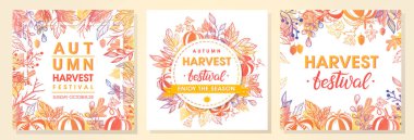 Sonbaharda hasat festivali postes ile sonbahar yaprak ve çiçek öğeleri sonbahar renkleri. Hasat Festivali tasarımı, el ilanı, afiş, davetiye, promosyonlar ve daha fazla baskı için mükemmel. Sonbahar vektör çizim