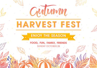 Hasat sembolleri, yaprak ve çiçek öğeleri sonbahar renkleri ile sonbahar Hasat Festivali Afiş. Hasat Festivali tasarım, broşür, afiş, davetiye ve daha fazla baskı için mükemmel. Sonbahar vektör çizim.