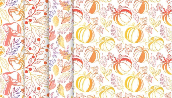 Sonbahar yaprakları, berriess, kabak, desenlerle topluluğu sonbahar renkleri içinde mantar. Dikişsiz desen, el ilanları, kartpostallar, kumaş, ambalaj kağıdı ve daha fazla baskı için mükemmel. Vektör sonbahar arka planlar.