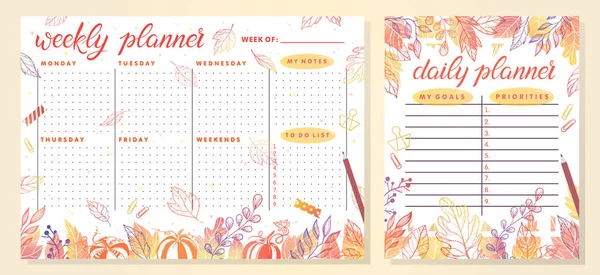 Trendy haftalık ve günlük planlayıcısı şablon sonbahar yaprakları ve sonbahar renkleri çiçek öğelerle birlikte. Ajanda ve notlar ile zamanlama için mükemmel şablonlar. Etkili planlama için benzersiz vektör çizim.