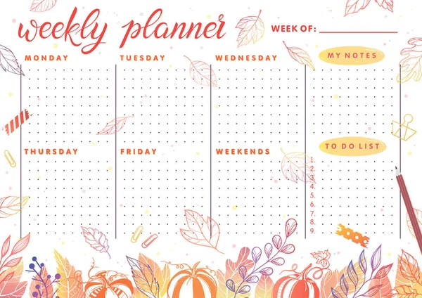 Trendiger Wochenplaner Mit Herbstblättern Und Floralen Elementen Herbstfarben Perfekte Vorlage — Stockvektor