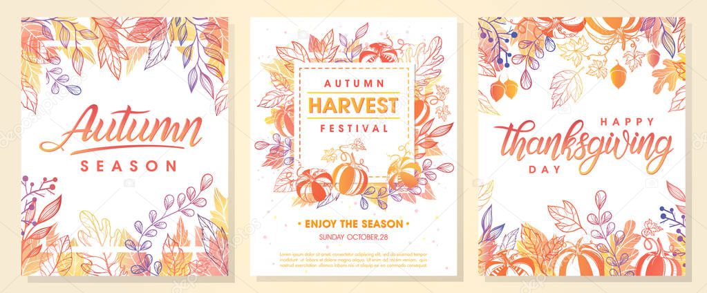 Autumn seasonals postes with autumn leaves and floral elements in fall colors.Autumn greetings cards perfect for prints,flyers,banners,invitations,promotions and more.Vector autumn illustration