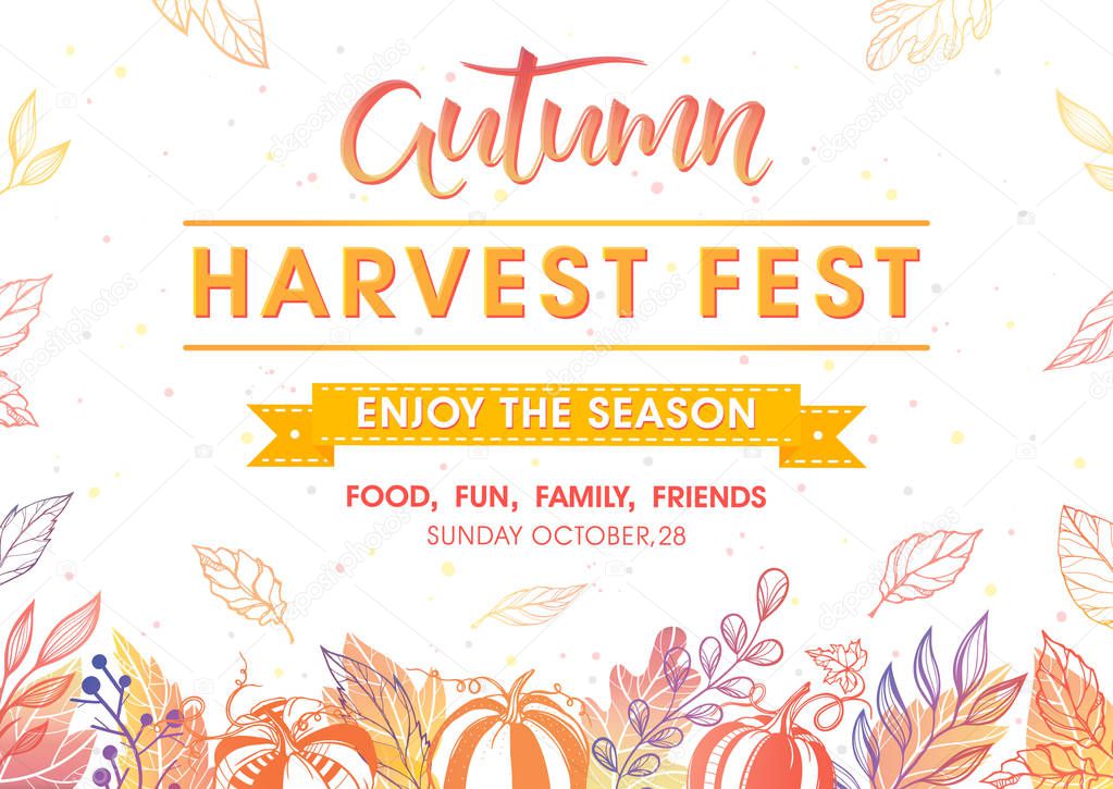 Autumn harvest festival poster with harvest symbols, leaves and floral elements in fall colors.Harvest fest design perfect for prints, flyers,banners,invitations and more.Vector autumn illustration.