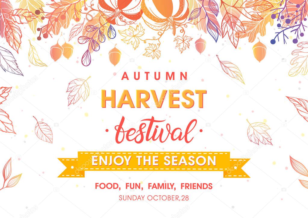 Autumn harvest festival poster with harvest symbols, leaves and floral elements in fall colors.Harvest fest design perfect for prints, flyers,banners,invitations and more.Vector autumn illustration.