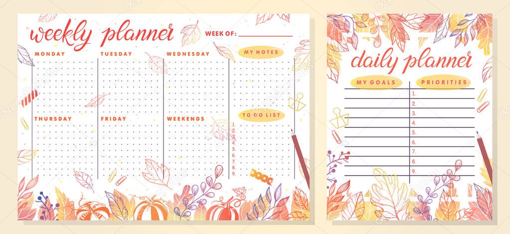 Trendy weekly and daily planner template with autumn leaves and floral elements in fall colors.Perfect templates for organizer and schedule with notes.Unique vector illustration for effective planning.