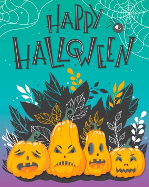 Cadılar Bayramı poster yazı, kızgın kabaklar ve yaprakları ile. Cadılar Bayramı tasarım parmak, el ilanları, mükemmel davetler, scrapbooking, tebrikler ve daha fazla tebrik afiş. Cadılar Bayramı illüstrasyon vektör.