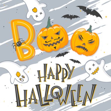 Cadılar Bayramı poster ile yazı, hayaletler, yarasalar ve kabak. Cadılar Bayramı tasarım parmak, el ilanları, mükemmel davetler, scrapbooking, tebrikler ve daha fazla tebrik afiş. Cadılar Bayramı illüstrasyon vektör.