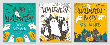Cadılar Bayramı tebrik el ile toplama yazı, hayaletler, kabak ve örümcek ağı boyalı. Mükemmel, parti el ilanları, kartları, tanıtımlarını, tatil davetiyeleri ve daha fazla baskı için. Cadılar Bayramı çizimler vektör.
