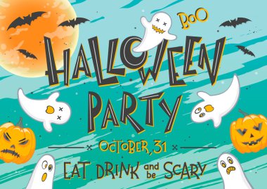 Cadılar Bayramı partisi poster yazı, hayaletler, pumpkins, yarasalar ve dolunay ile. Cadılar Bayramı tasarım, broşür, afiş, davetiye, tebrik kartları, scrapbooking ve daha fazla baskı için mükemmel. Cadılar Bayramı illüstrasyon vektör.