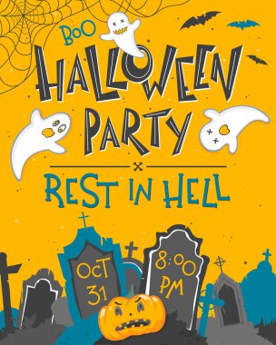 Cadılar Bayramı partisi poster ile yazı, hayaletler, yarasalar ve kabak. Cadılar Bayramı tasarım parmak, el ilanları, mükemmel davetler, scrapbooking ve daha fazla tebrik afiş. Cadılar Bayramı illüstrasyon vektör.