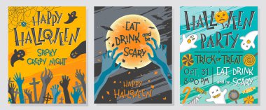 Cadılar Bayramı tebrik el ile toplama yazı, hayaletler, kabak ve örümcek ağı boyalı. Mükemmel, parti el ilanları, kartları, tanıtımlarını, tatil davetiyeleri ve daha fazla baskı için. Cadılar Bayramı çizimler vektör.