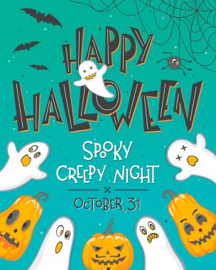 Cadılar Bayramı poster ile yazı, hayaletler, yarasalar ve kabak. Cadılar Bayramı tasarım parmak, el ilanları, mükemmel davetler, scrapbooking, tebrikler ve daha fazla tebrik afiş. Cadılar Bayramı illüstrasyon vektör.