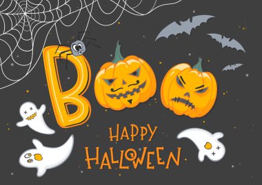 Cadılar Bayramı poster ile yazı, hayaletler, yarasalar ve kabak. Cadılar Bayramı tasarım parmak, el ilanları, mükemmel davetler, scrapbooking, tebrikler ve daha fazla tebrik afiş. Cadılar Bayramı illüstrasyon vektör.