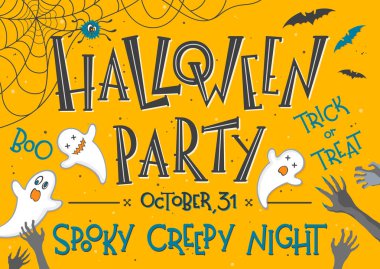 Cadılar Bayramı partisi poster ile yazı, hayaletler, yarasalar ve kabak. Cadılar Bayramı tasarım parmak, el ilanları, mükemmel davetler, scrapbooking ve daha fazla tebrik afiş. Cadılar Bayramı illüstrasyon vektör.