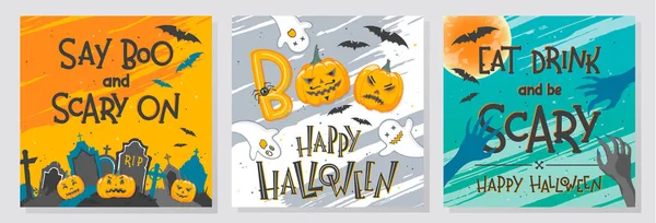 Cadılar Bayramı tebrik el ile toplama yazı, hayaletler, pumpkins, mezarlık ve yarasalar boyalı. Mükemmel, parti el ilanları, kartları, tanıtımlarını, tatil davetiyeleri ve daha fazla baskı için. Cadılar Bayramı çizimler vektör.