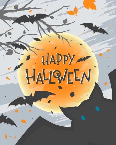 Spooky Halloween Affisch Med Bokstäver Fladdermöss Och Fullmåne Halloween Design — Stock vektor